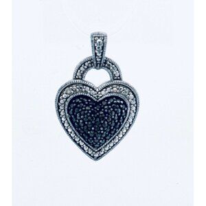 Estate Sterling Silver 925 Heart Pendant by SUN, Black & White Crystals, 3.0g
